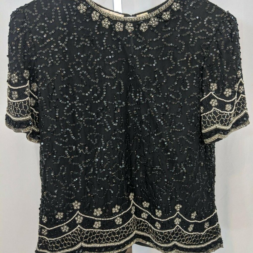 CLOSEOUT - Laurence Kazar Black Beaded and Blue Pearl Short Sleeve Top